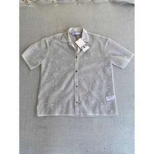Zara Knit Shirt Womens S-M Silver Pearl Embellished Sheer Metallic 3920/304 NWT